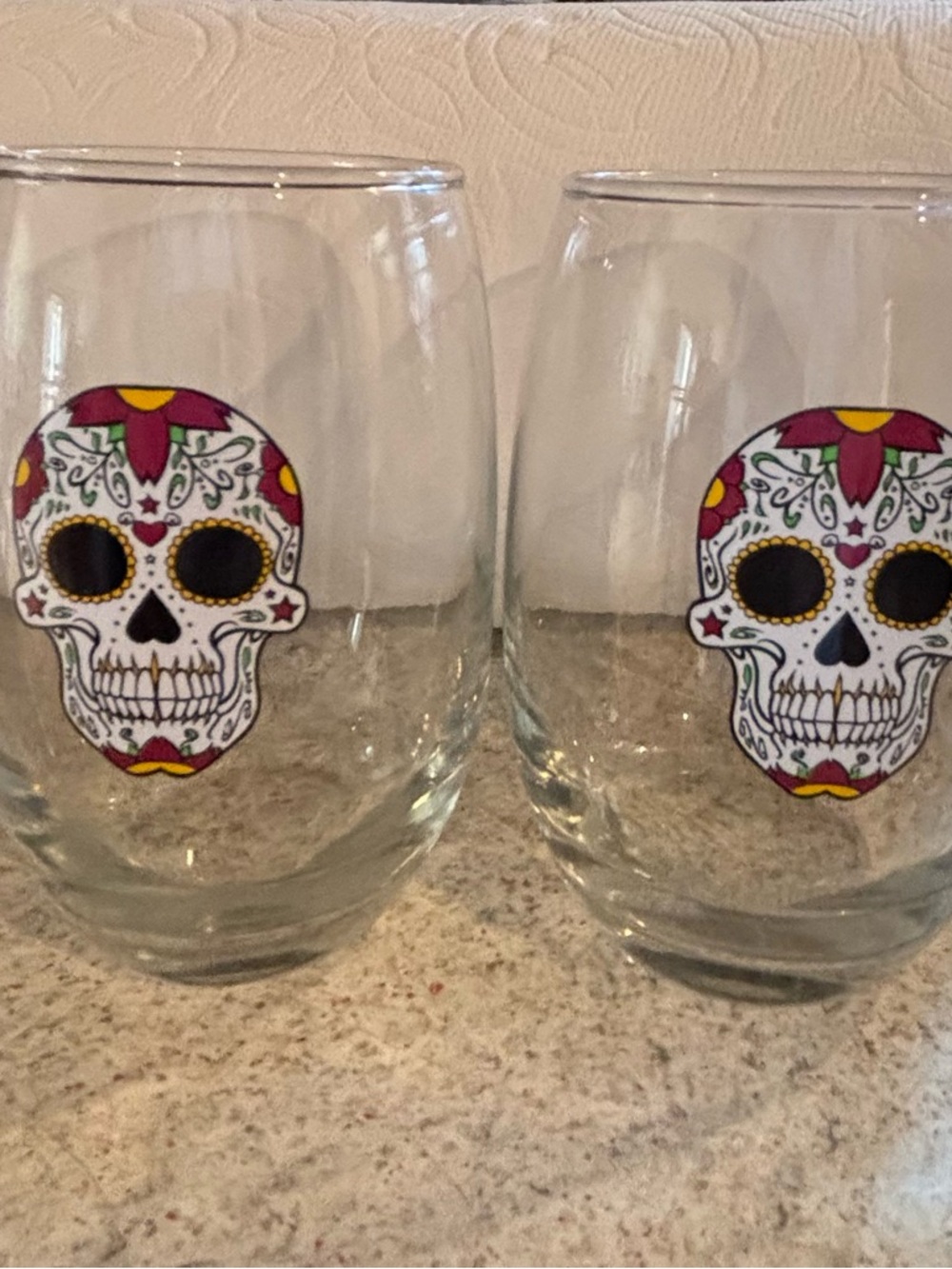 2 Sugar Skulls wine glasses.